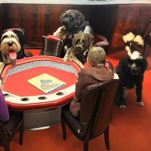 Prompt: 7 dogs sitting around a poker table, two of which are turning away.