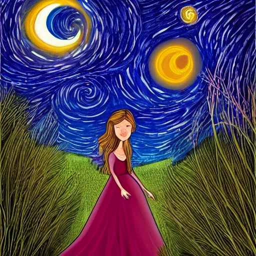 Prompt: A beautiful illustration of a woman with long flowing hair, wild animals, and a dark, starry night sky. Wanda Gág by Lilia Alvarado ornate