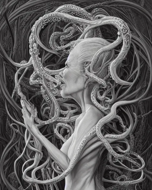 Image similar to centered beautiful detailed side view profile portrait of a insane, crazed, mad old woman with long grey hair, ornate tentacles growing around, ornamentation, thorns, vines, tentacles, elegant, beautifully soft lit, full frame, by wayne barlowe, peter mohrbacher, kelly mckernan, h r giger