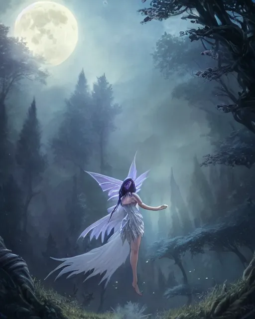 Image similar to attractive fairy goddness fly high in the night, d & d, fantasy, mist, full moon in background, trees, hyper detailed, art by artgerm and greg rutkowski and magali villeneuve, midium shot, 8 k realistic, cryengine, digital painting, trending on artstation, concept art, sharp focus, illustration,