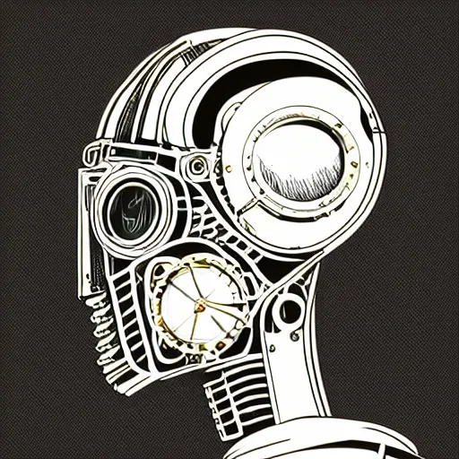 Image similar to hyperdetailed portrait of a spaced out steampunk robot head, 8 k, symetrical, halluzinogenic, meditative, vector art, black background