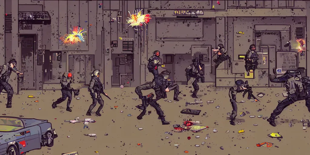 Image similar to 1991 Video Game Screenshot, Anime Neo-tokyo Cyborg bank robbers vs police, Set in Bank Vault Room, bags of money, Multiplayer set-piece, Police officers hit by bullets :9, Police Calling for back up, Bullet Holes and Blood Splatter, :3 ,Hostages, Smoke Grenades, Large Caliber Sniper Fire, Chaos, Cyberpunk, Money, Anime Bullet VFX, Machine Gun Fire, Violent Gun Action, Shootout :5 , Highly Detailed, 8k :4 by Katsuhiro Otomo + Studio Gainax : 8