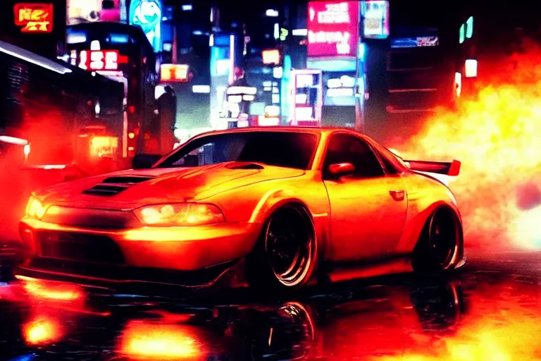 prompthunt: tokyo drift fast and furious film still, racing on wet city  street at night, hyper detailed, forza, smooth, need for speed, high  contrast, volumetric lighting, synthwave, octane, george miller, jim lee