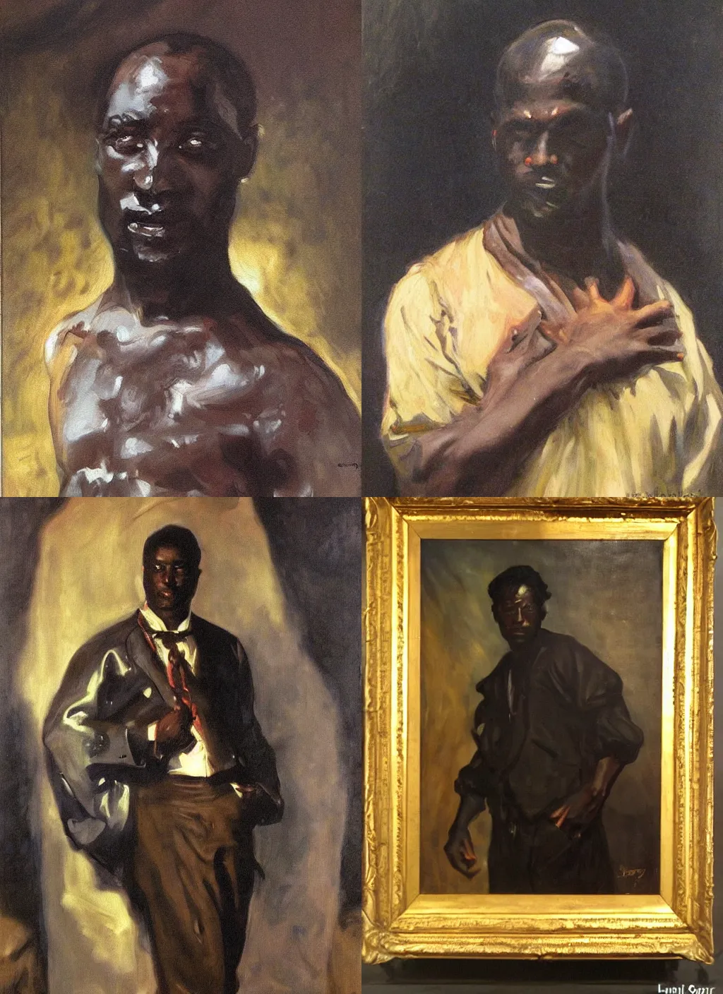 Prompt: Fantasy painting, oil on canvas Dark skin man portrait, loose fantasy clothing, happy, John Singer Sargent, Rutkowski,