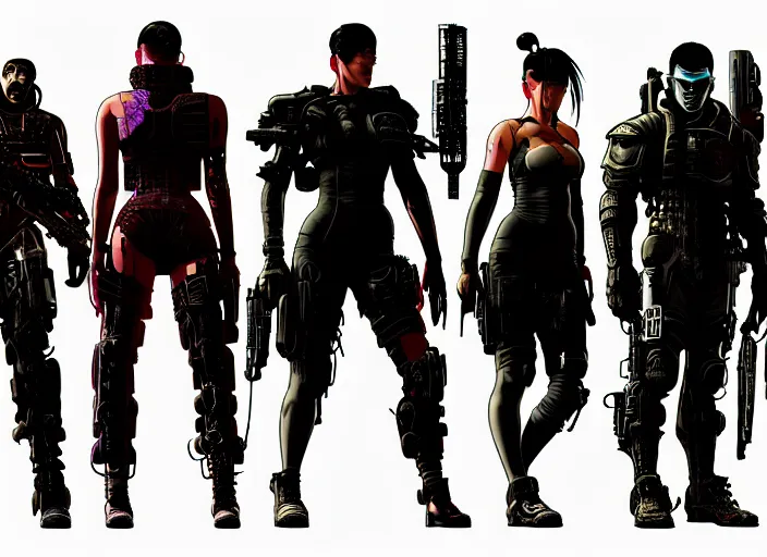Prompt: cyberpunk blackops samurai squad. portrait by stonehouse and mœbius and will eisner and gil elvgren and pixar. character design. realistic proportions. cyberpunk 2 0 7 7 character art, blade runner 2 0 4 9 concept art. cel shading. attractive face. thick lines. the team. diverse characters. artstationhq.