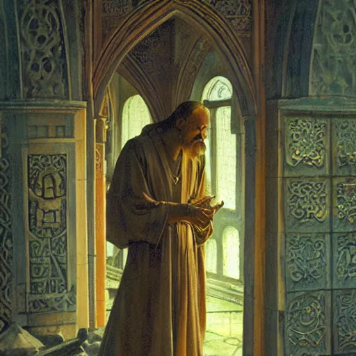 Image similar to a religious man with holes in his robes, old broken clothes, holes in a robe, holes in a religious man, annie swynnerton and nicholas roerich and jean delville, strong dramatic cinematic lighting, ornate tiled architecture, lost civilizations, smooth, sharp focus, extremely detailed