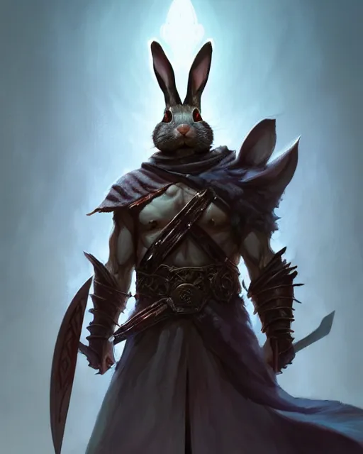 Image similar to Rabbit Warrior, evil, maniac, magic the gathering artwork, D&D, fantasy, cinematic lighting, centered, symmetrical, highly detailed, digital painting, artstation, concept art, smooth, sharp focus, illustration, volumetric lighting, epic Composition, 8k, art by Akihiko Yoshida and Greg Rutkowski and Craig Mullins, oil painting, cgsociety