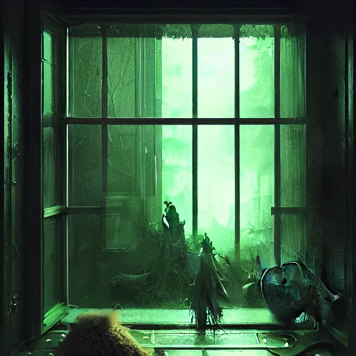 Prompt: strange creature looking inside through the window, night, realistic lighting, darkness outside the window, glowing green eyes, horror, by greg rutkowski, wlop and ruan jia, illustration, fantasy, hyper detailed, unreal engine, sharp focus, ray tracing