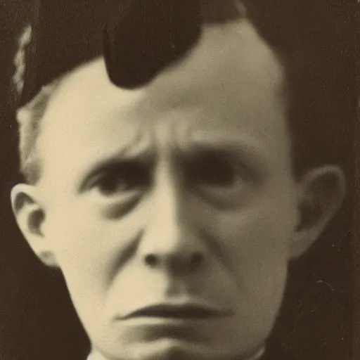 Prompt: close up photo portrait of a 19th century gangster maniac by Diane Arbus and Louis Daguerre