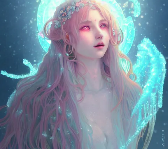 Image similar to beautiful ancient pastel frost witch, fire in eye, snow glow, pool party, highly detailed, digital painting, artstation, sharp focus, illustration, art by tan zi and ayanamikodon and alphonse mucha and wlop!!