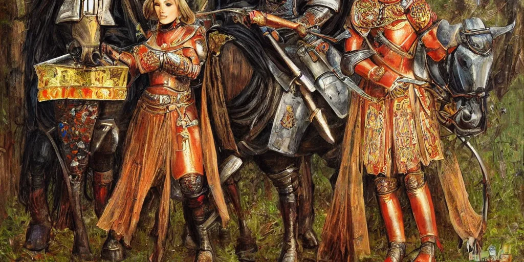 Image similar to a nice painting of medieval knight and beautiful lady by Vladislav Erko