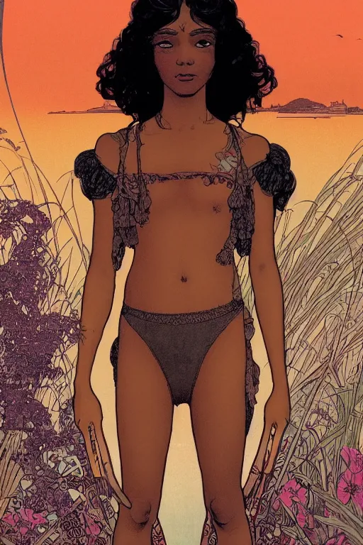 Prompt: a beautiful illustration of a black godess model girl with short hair, bikini, she's sad by mucha and moebius and geof darrow, sunset, street of hong kong, cinematic light, very detailed, depressing atmosphere, cover magazine