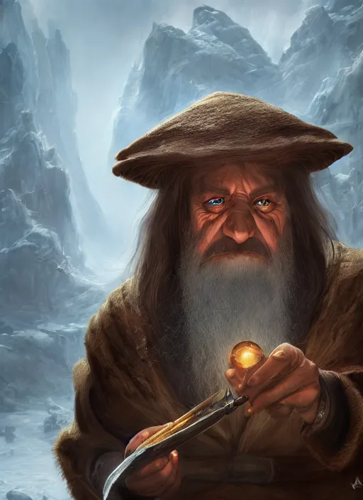 Image similar to a highly detailed airbrush painting of a evil mage hobbit with a big nose, trending on artstation, unreal 5, daz, hyperrealistic, octane render, dungeons and dragons, dynamic lighting