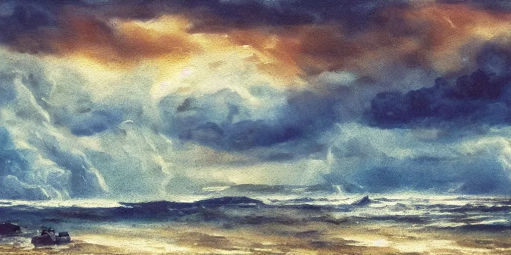 Image similar to a beautiful painting of a icelandic fishing village, storm clouds gathering over the sea, by studio ghibli 8 k pastel colours, smeared watercolours, golden light film grain