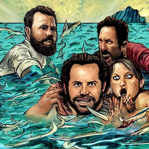 Image similar to everyone from Its Always Sunny in Philadelphia floating underwater and being eaten by ghost sharks. Photograph.