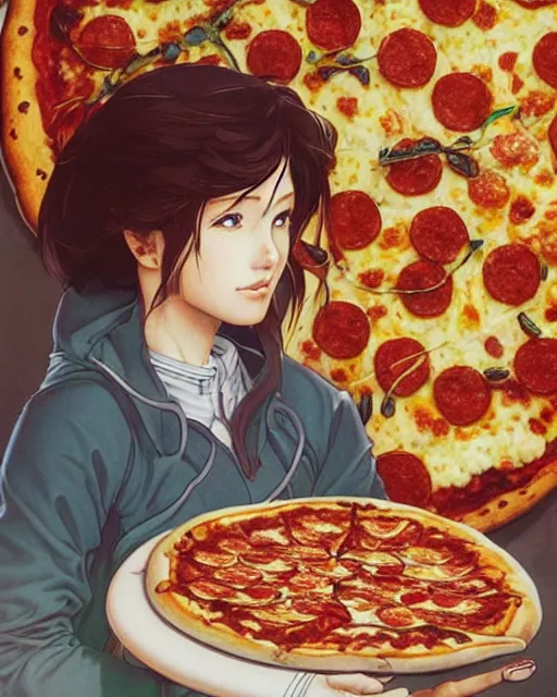 Image similar to a girl cooking a pizza, full shot, visible face, ambient lighting, detailed, art by ayami kojima, makoto shinkai, kilian eng