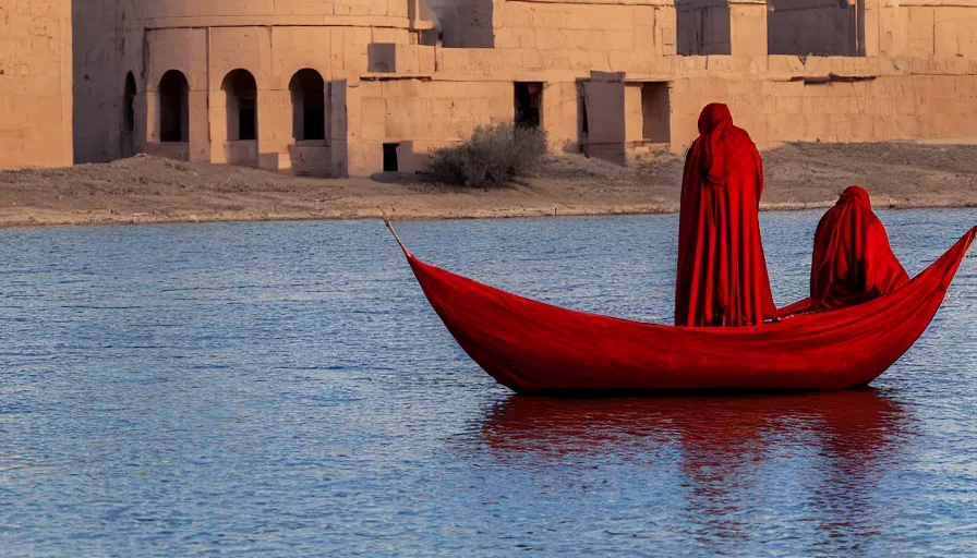 Prompt: a man in red drapery in a blood barque on a river next to a neo - classical city in the desert, leica sl 2 5 0 mm, heavy grain, high quality, high detail, run, mud