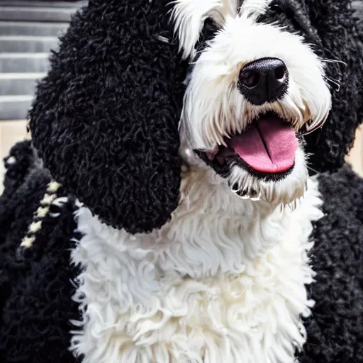 Image similar to a closeup photorealistic photograph of a cute smiling knitted bernedoodle judge dog dressed in a black gown, presiding over the courthouse. indoors, professional capture, well lit shot. this 4 k hd image is trending on artstation, featured on behance, well - rendered, extra crisp, features intricate detail, epic composition and the style of unreal engine.