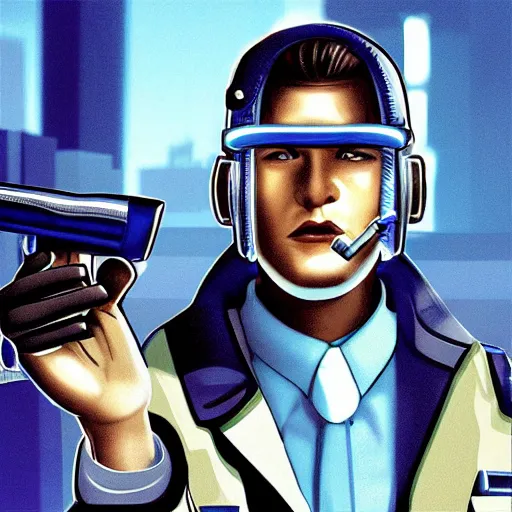 Image similar to a cop in a futuristic cyber punk like city that is investigating a crime while smoking a cigarette