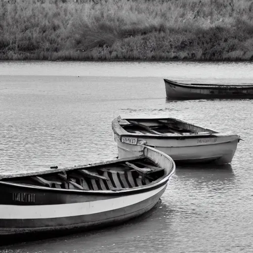 Prompt: two boats on a river, black and white photo, highly detailed, dlsr