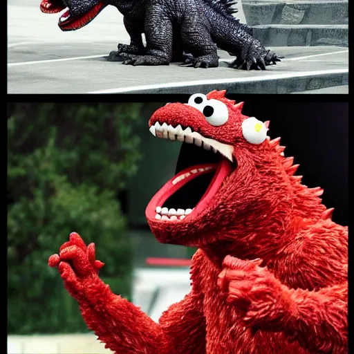 Image similar to godzilla elmo hybrid destroying sesame street