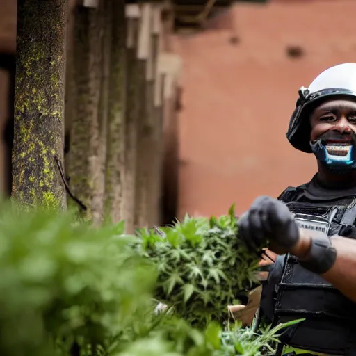 Prompt: police man harvesting weed with a smile, sharp, 8k, detailed face