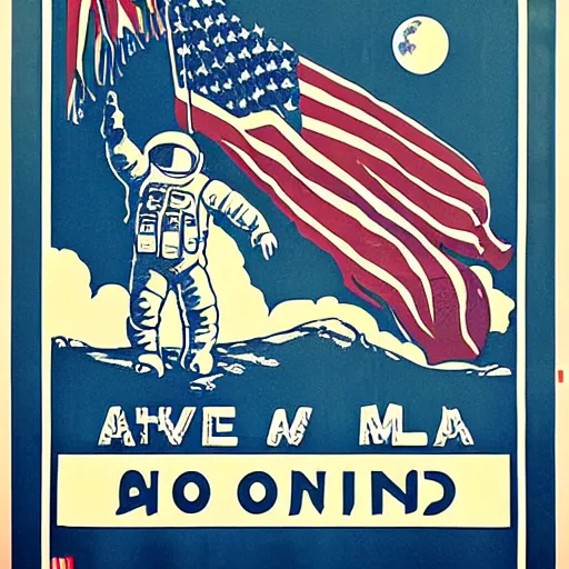 Prompt: americanized propaganda poster, moon landing