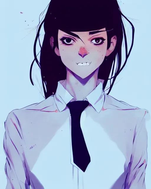 Image similar to a ultradetailed full body portrait of a woman dressed in a white shirt with a tie, by conrad roset, greg rutkowski and makoto shinkai trending on artstation