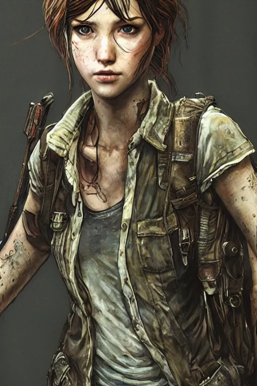 Image similar to ellie from the last of us, dirt, fashion, fantasy, art by ayami kojima, vasnetsov, cedric peyravernay