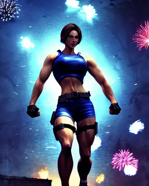 Image similar to gigachad jill valentine bodybuilder jumping in front of a fireworks show fighting in racoon city, fantasy character portrait, ultra realistic, anime key visual, full body concept art, intricate details, highly detailed by greg rutkowski, ilya kuvshinov, gaston bussiere, craig mullins, simon bisley