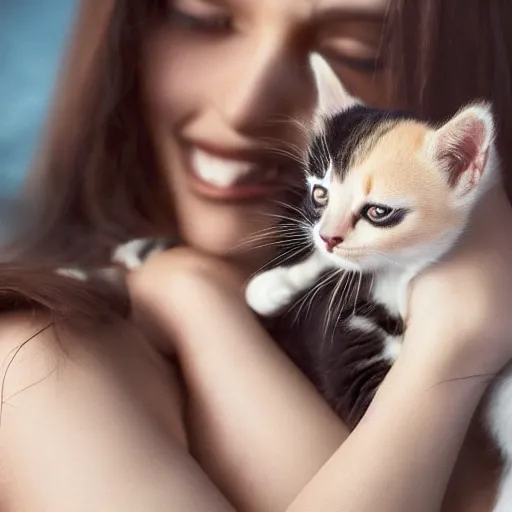 Prompt: photo of a woman cuddling a kitten in her arms, 4k, highly detailed, trending on artstation