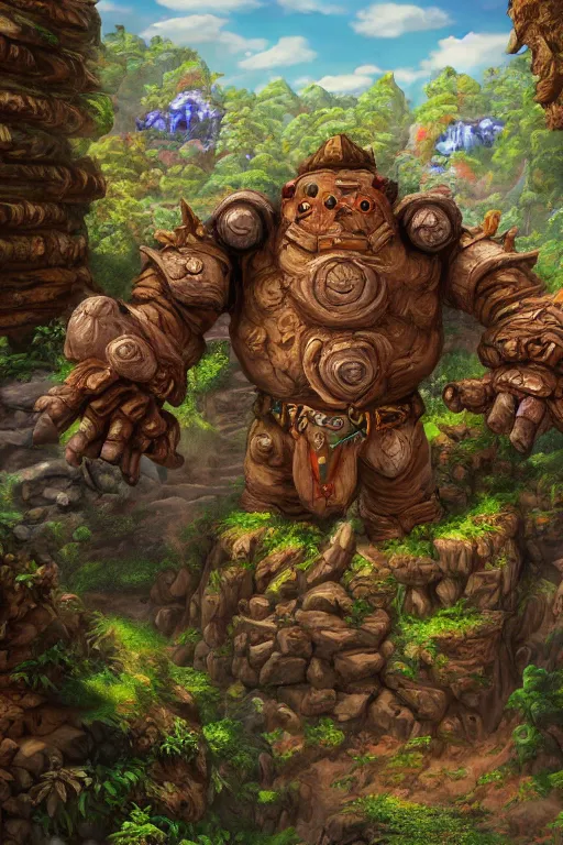 Image similar to zelda fantasy art giant golem troll wood rock greeble gemstone, global illumination ray tracing hdr fanart arstation by sung choi and eric pfeiffer and gabriel garza and casper konefal