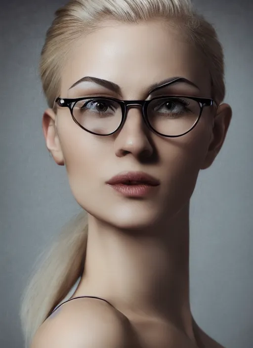 Prompt: a french woman with blonde hair tied in a strict bun, spectacles, lots of makeup, rich, character portrait, digital art, high quality, 8 k, detailed, d & d character,