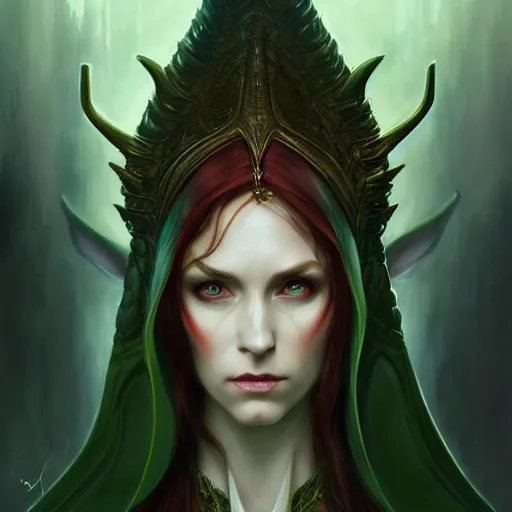 Image similar to Portrait of serious female elven priest, D&D, green eyes, face, long red hair, demon wings, fantasy, intricate, elegant, highly detailed, digital painting, artstation, concept art, smooth, sharp focus, illustration, art by artgerm and greg rutkowski and alphonse mucha