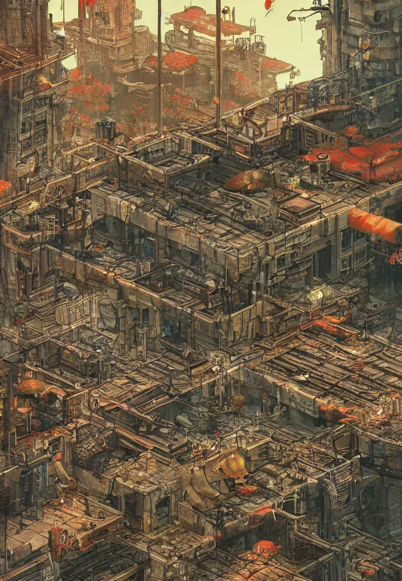 Image similar to [Underground colony with checkered flags, rust and brutalist buildings and little mushrooms. Propaganda poster, intricate, elegant, highly detailed, digital painting, artstation, concept art, matte, sharp focus, illustration, art by Enki Bilal and Moebius]