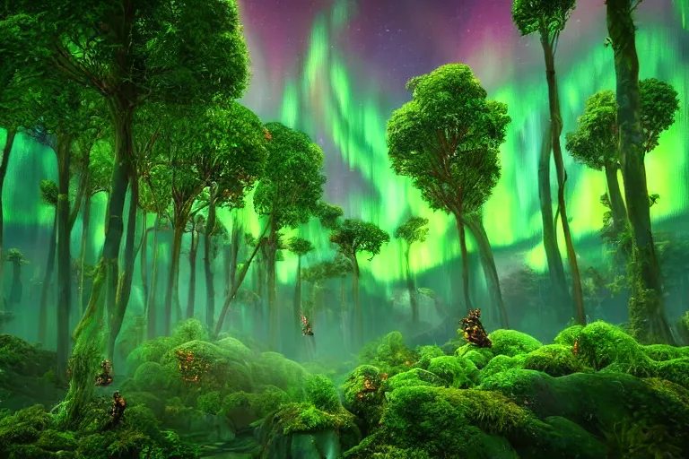 Image similar to beautifully detailed painting of a dreamy psychedelic rainforest with fireflies and fairies and an aurora borealis, and moss rendered in unreal engine 5