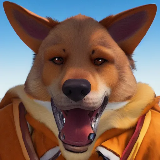 Image similar to stylized three quarters portrait concept art of the anthro anthropomorphic dingo dog head animal person fursona wearing clothes adventurer standing in australia outback, hidari, color page, tankoban, 4 k, tone mapping, akihiko yoshida, clean bright happy