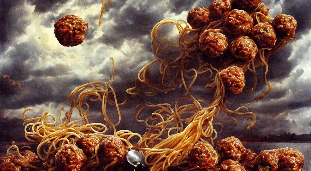 Image similar to spaghetti bolognesa with meatballs and hundred rusted perfect woman bodies flying in stormy clouds by dali, hyper - realism