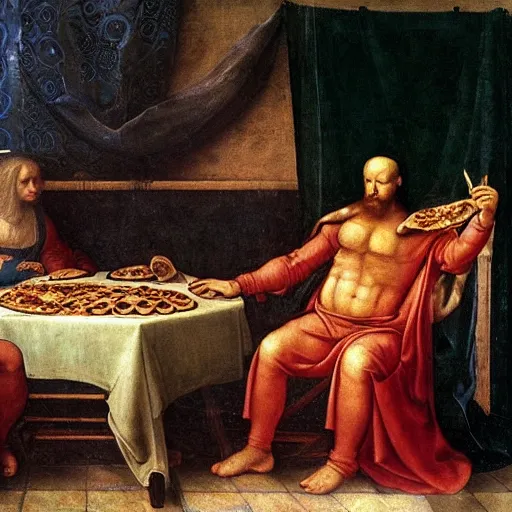 Image similar to a renaissance materpiece painting of a modern man eating pizza in is pajamas on an old leather couch, leonardo da vinci