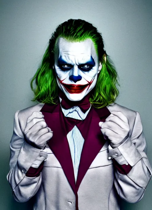 Image similar to photo of Margot Robbie as the Joker by Mario Testino, head shot, detailed, award winning, Sony a7R