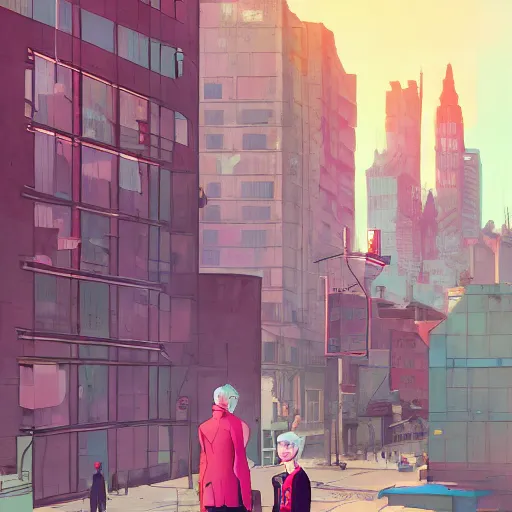 Image similar to damian wayne with pink haired teen boy, city landscape, Gotham, artstation, highly detailed, by makoto shinkai and thomas kindle and James gilleard