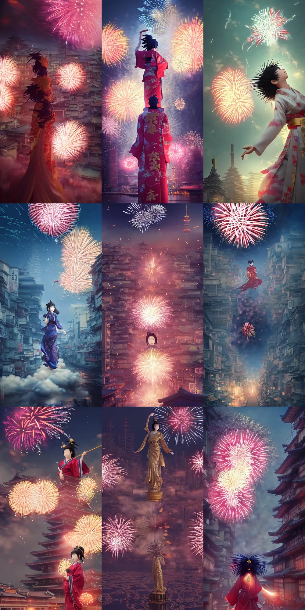 Image similar to fireworks, japanese goddess in the air, by kyoto animation, insanely detailed. instagram photo, kodak portra. by wlop, ilya kuvshinov, krenz cushart, greg rutkowski, pixiv. zbrush sculpt, octane, maya, houdini, vfx. huge ancient japan cityscape. cinematic dramatic atmosphere, sharp focus, volumetric lighting