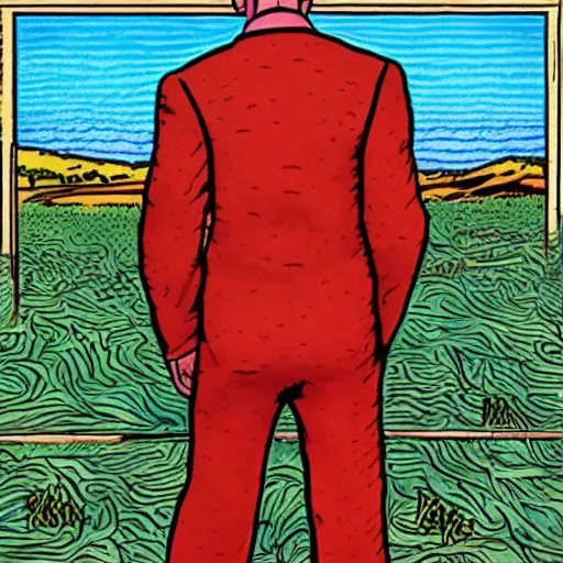 Prompt: The Artwork of R. Crumb and his Cheap Suit Breaking-Bad-Walter-White meth-lab prison, pencil and colored marker artwork, trailer-trash lifestyle