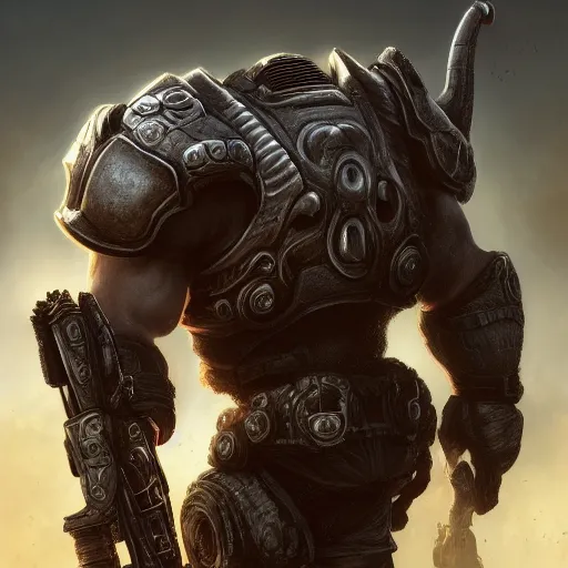 Prompt: cute little anthropomorphic Cow in Gears of War cover art, ultra wide lens shot , tiny, small, short, cute and adorable, pretty, beautiful, DnD character art portrait, matte fantasy painting, DeviantArt Artstation, by Jason Felix by Steve Argyle by Tyler Jacobson by Peter Mohrbacher, cinematic lighting