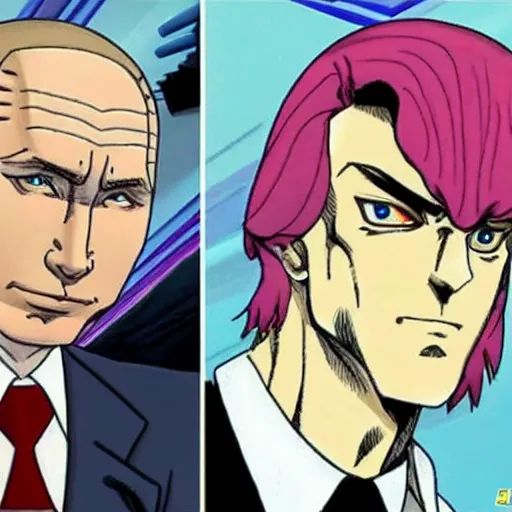 Image similar to putin in jojo bizarre adventure with a muscular body, very anime style