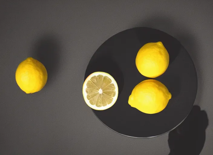 Prompt: dark liminal room, lemon sits idly on a centered table, eerie atmosphere, dark dramatic lighting, trending on unsplash, 4 k photorealism