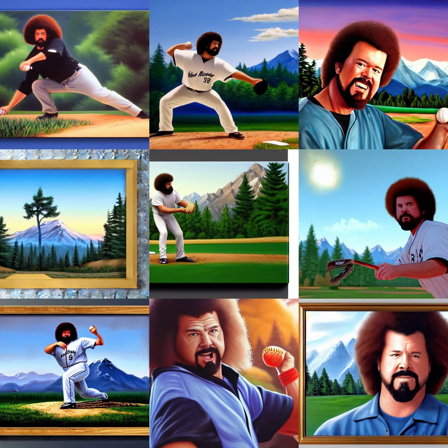 Prompt: a closeup photorealistic photograph of bob ross painting kenny powers pitching a baseball on a canvas. mountains and trees. film still. brightly lit scene. this 4 k hd image is trending on artstation, featured on behance, well - rendered, extra crisp, features intricate detail, epic composition and the style of unreal engine.