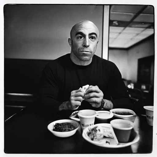 Image similar to joe rogan eating at a macdonalds restaurant, black and white photo by dianne arbus