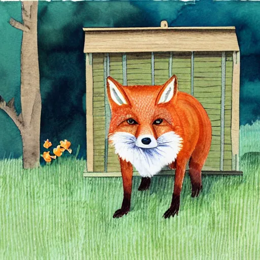 Image similar to a smug red fox in front of a hen house, watercolor illustration,