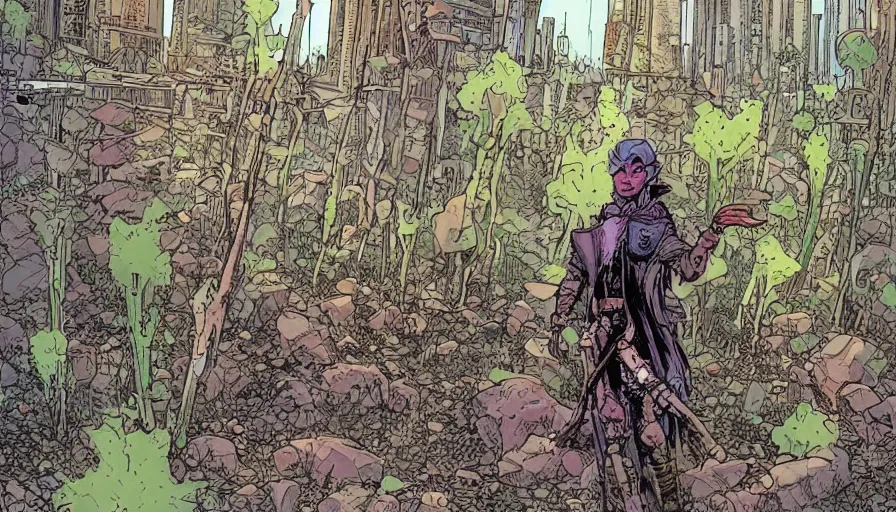 Image similar to ligne claire art of a druid in postapocalyptic city intertwined with nature in the open space, street - level view, by moebius, bright colors, eisner award - winning spread